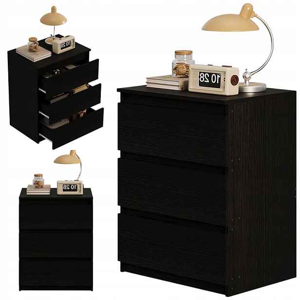 Noční Stolek Stolek Ložnice Komoda 3 Zásuvky Černý Loft Moderní 60 CM