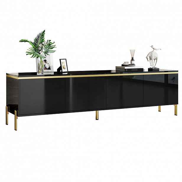 Modfu TV stolek z dřevotřísky 170x38x50 cm černý se 4 dvířky a kabelovými průchodkami, částečně ve vysokém lesku