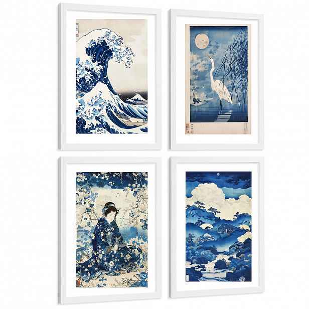 Nacnic PLAKAT Sada 4 Japan Blue A4 Bílý rám