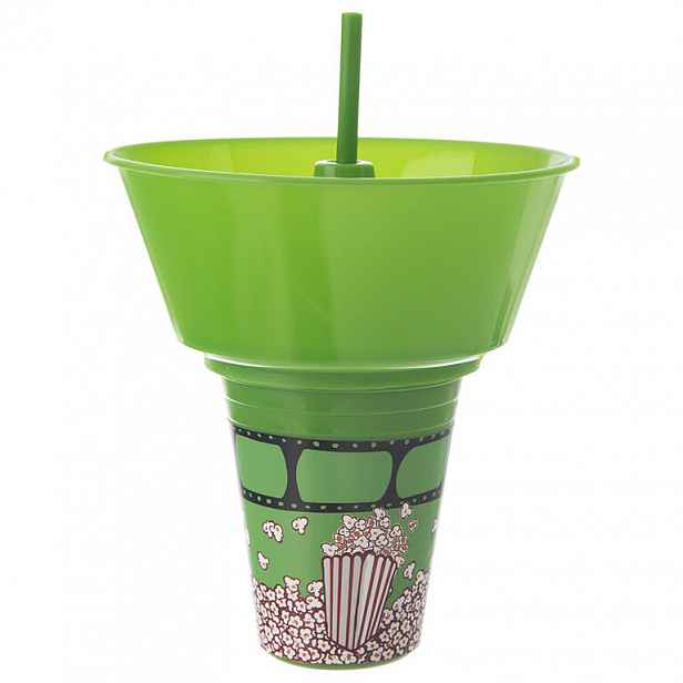 Pohár s brčkem a miskou na popcorn SNACK, zelený, 550 ml