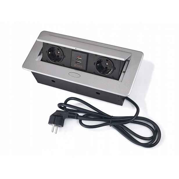 Zásuvka Zasunutá Do Desky 3x 230V 2xUSB Zásuvka Zapuštěná Stříbrná