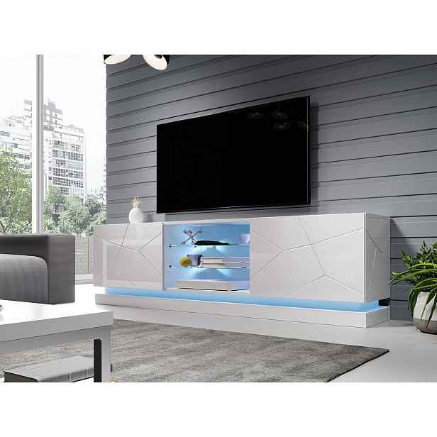 Kvalitní TV stolek Quintana, MDF bílý lesk + LED podsvícení