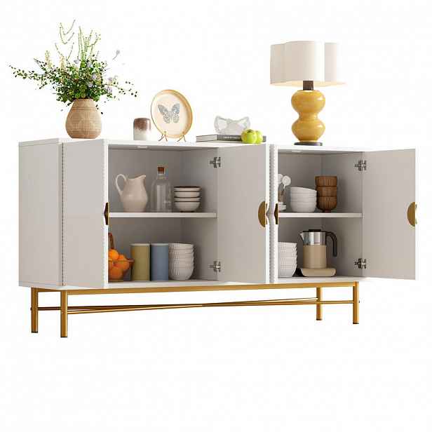 Modfu KOMODA z MDF a dřevotřísky 160x40x82 cm bílá se 4 dvířky, tichým dovíráním a reliéfním dekorem