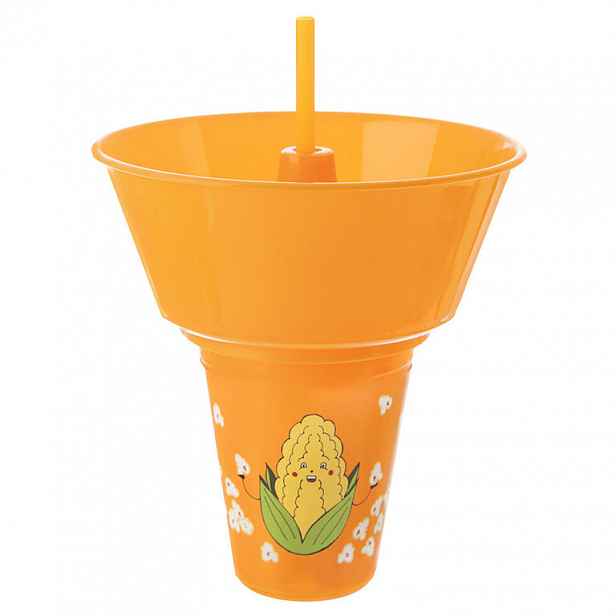 Pohár s brčkem a miskou na popcorn SNACK, oranžový, 550 ml