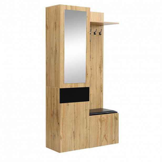 Modfu PŘEDSÍŇOVÁ stěna z MDF 98,5x38x191 cm černá/přírodní se zrcadlem, botníky, lavicí a skrytým úložným prostorem