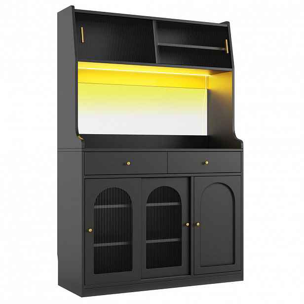 Urban Meuble PŘÍBORNÍK černý se skleněnými dvířky 180 cm vysoký s aplikací LED a 2 zásuvkami