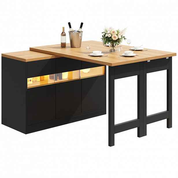 Modfu BAROVÝ stůl z MDF 120-180x40x71,5 cm černá/přírodní s LED osvětlením, otočnou funkcí 360° a úložným prostorem