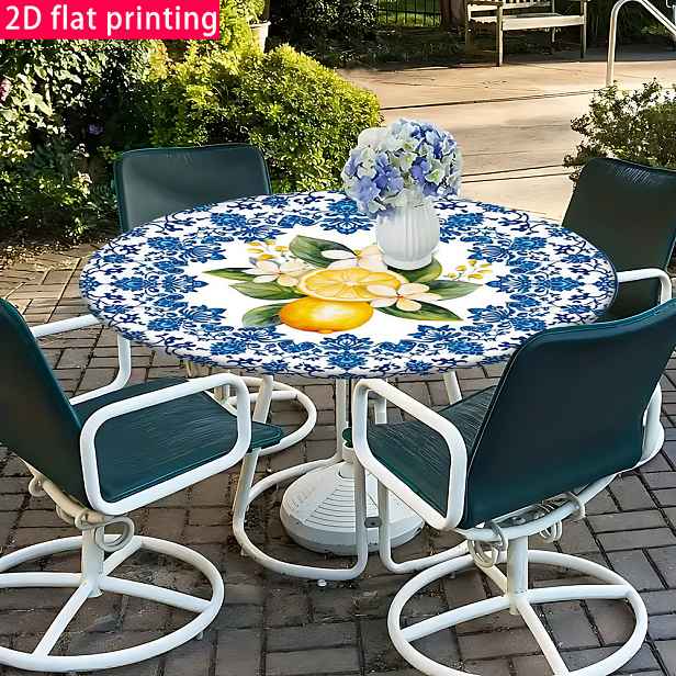 TEMU 2D Nádherný modrobílý porcelánový elastický kulatý ubrus s čerstvých květin a citronů, ideální pro venkovní pikniky, kempování dekorace, skvělá
