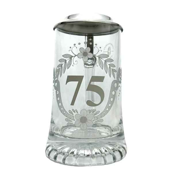 Pivní sklenice na pivo 75 let výroční s cínovým víčkem, korbel, 0,4 l