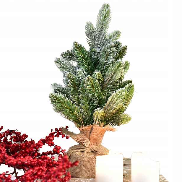 Zasněžený umělý vánoční stromek v jutovém pytli – 75 cm vánoční stromek Dárek