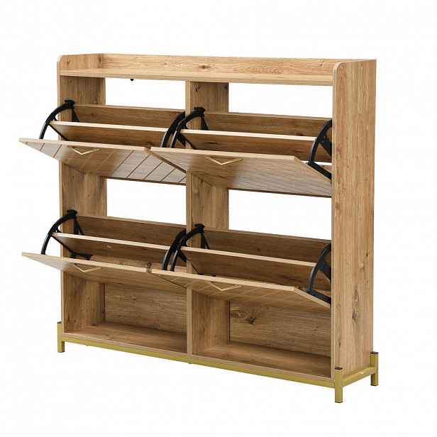 Modfu BOTNÍK z MDF 108,5x24x100 cm v dekoru dřeva se 4 výklopnými dvířky a úsporným designem