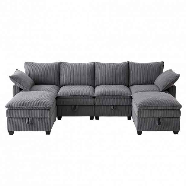 Redom MODULÁRNÍ rohová pohovka 280/151/82 cm s USB, úložným prostorem a 2 taburety, manšestr, Šedá