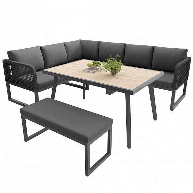 Urban Meuble LOUNGE SESTAVA 6dílná, PE ratan, šedá rohová pohovka se stolkem a lavicí na terasu