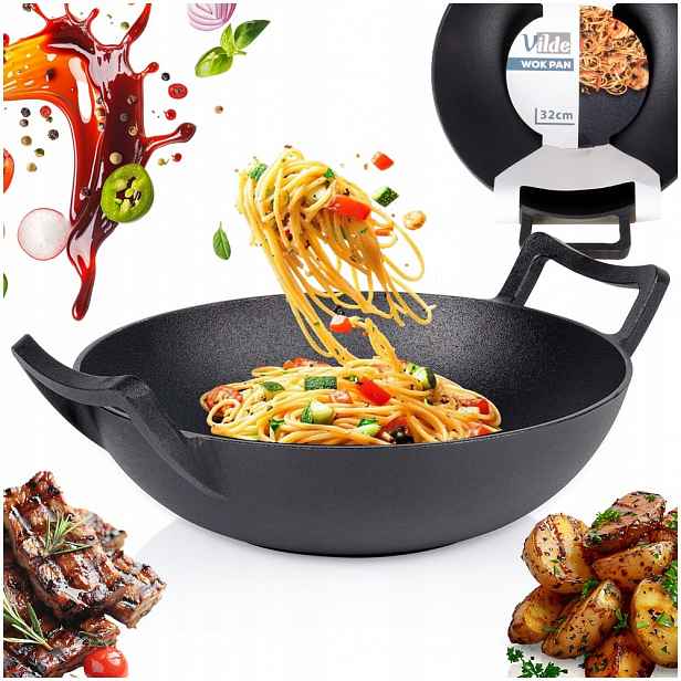 Wok Litinová velká hluboká pánev na smažení a dušení asijských pokrmů 32 cm