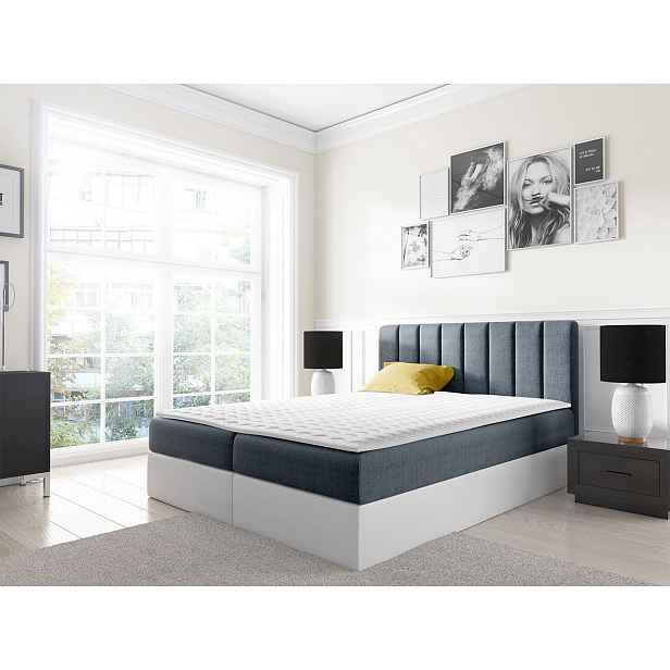 Kontinentální manželská postel 160x200 VICTORO - bílá ekokůže / modrá + topper ZDARMA
