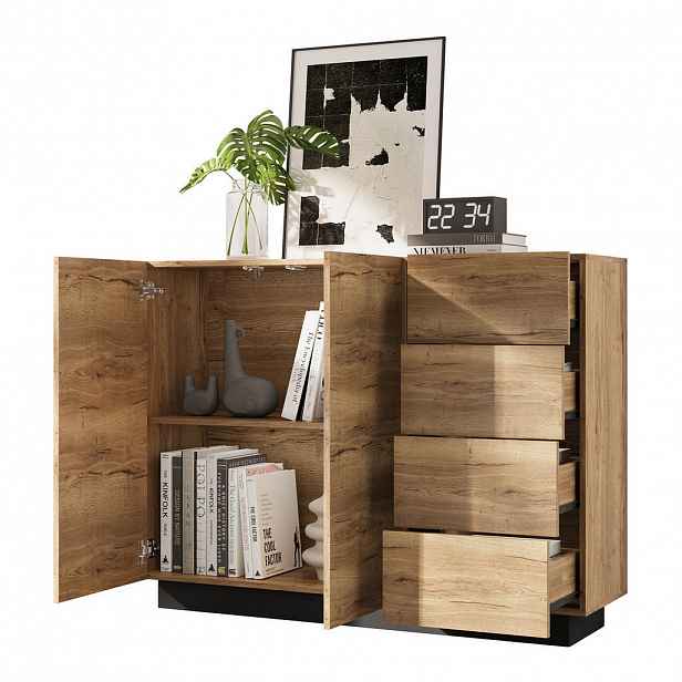 OKWISH KOMODA 120/35,5/90,5 cm přírodní černá z dřevotřísky s bezúchytkovým otevíráním a úložným prostorem