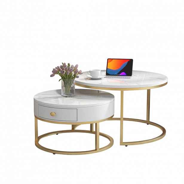 Modfu KONFERENČNÍ stolky z MDF 70x70x48/50x50x43,5 cm bílá sada 2 ks s mramorovým dekorem a zasouvacím designem