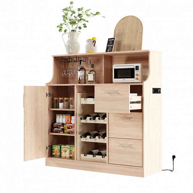 OKWISH BOČNÍ skříň 120/40/121 cm přírodní a bílá z MDF s LED osvětlením, zásuvkou a винotékou