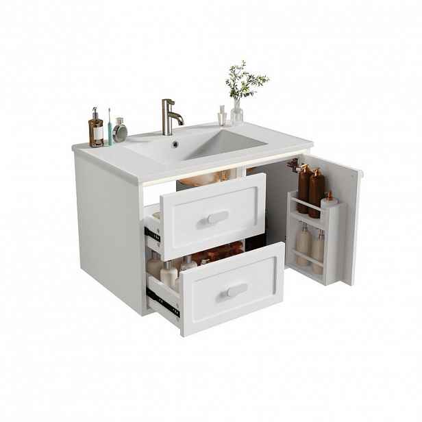 Modfu ZÁVĚSNÁ koupelnová skříňka z MDF a keramiky 76x46x51 cm bílá s LED radarovým senzorem, 2 zásuvkami a umyvadlem
