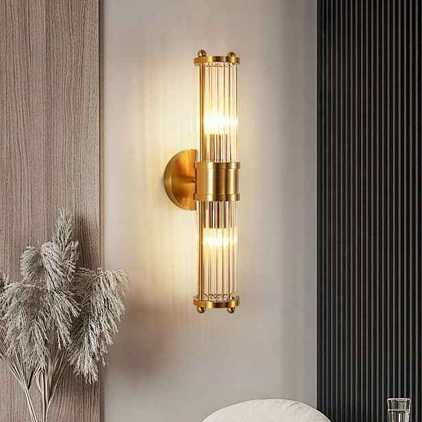 Vintage nástěnná lampa Zlatý skleněný válec 2x E14 Art Deco 46x12 cm