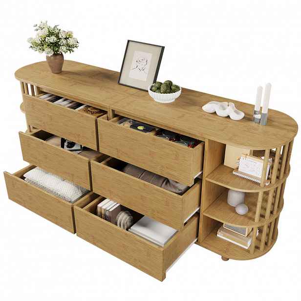OKWISH KOMODA 160/40/75 cm dubová z MDF a bambusu s 6 zásuvkami, otevřenými policemi a nastavitelnými nohami