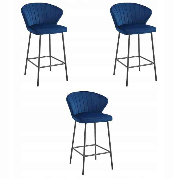 3X Barová Židle Kuchyňská Barová Židle 90,5 CM Tmavě Modrá Sametová Do Kuchyně