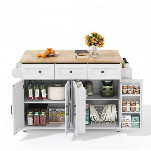 Modfu KUCHYŇSKÝ ostrůvek z MDF 140x43(70)x90,5 cm bílá/přírodní se sklopnou deskou, 5 kolečky a úložným prostorem