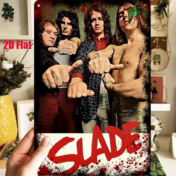 TEMU 2D Plochá, 1ks 2D Plochá Kovová Cedule, Dekorativní Umění Rockové Kapely Slade, S Čtyřmi Členy Ukazujícími Prsty na Publikum, Plná Síly a Vášně.
