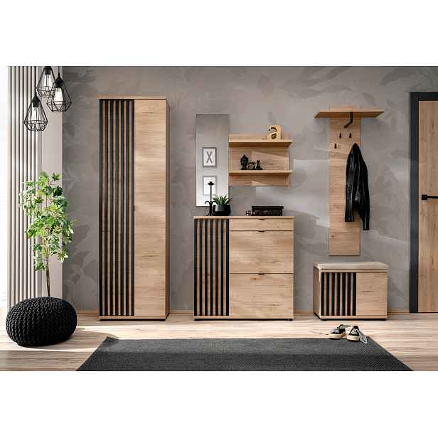 Stěna do předsíně FLORENCIA 3 s podsedákem - hickory jackson / černá