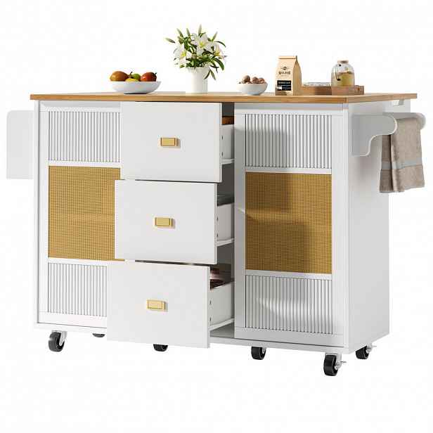 Modfu KUCHYŇSKÝ ostrůvek z MDF a kovu 146,85x70x90 cm bílý se sklopnou deskou, kolečky a velkým úložným prostorem