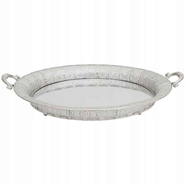 Stříbrný zrcadlový kulatý ažurový podnos, průměr 52 cm, velikost XL