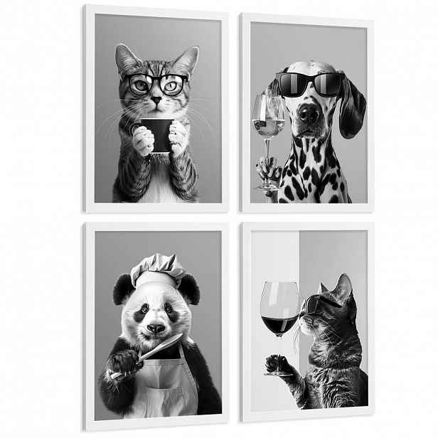 Nacnic PLAKAT Sada 4 Byn Animals A3 Bílý rám