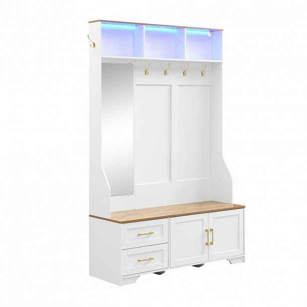 Modfu PŘEDSÍŇOVÁ skříň z MDF 120x40x187 cm bílá a dekor dřeva s LED osvětlením, zrcadlem, háčky a úložným prostorem
