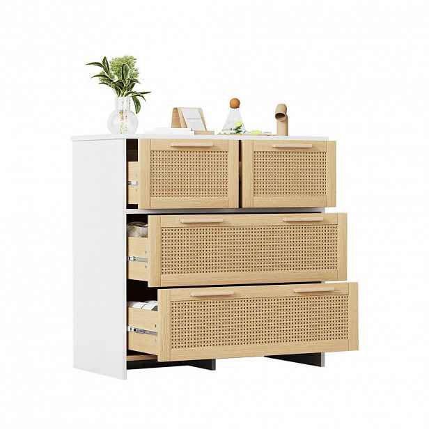 Redom KOMODA 38/80/80 cm se 4 zásuvkami, ratanovým čelem, MDF a úchytkami z masivního dřeva, Přírodní/Bílá
