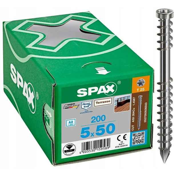 Terasové Vruty A2 200 Kusů Tx 5.0*50MM Spax-d T25 Spax