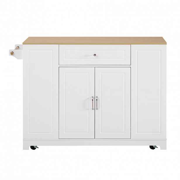 Modfu KUCHYŇSKÝ ostrůvek z MDF 131,8x40-70x93,3 cm bílá/přírodní s kolečky, výklopnou deskou a zásuvkami