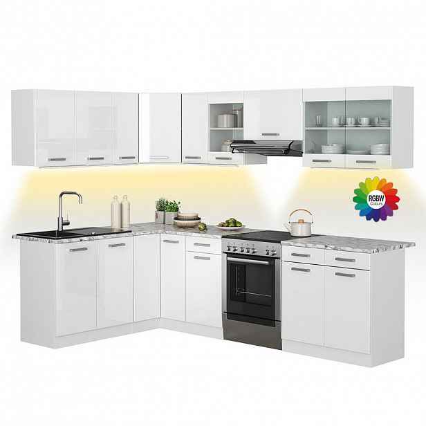 Vicco ROHOVÁ KUCHYŇSKÁ LINKA R-Line, Bílá vysoký lesk/Bílá, 267 x 167 cm s pracovní deskou s páskem LED