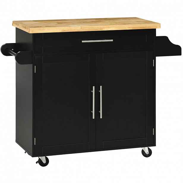 Modfu KUCHYŇSKÝ vozík z dřeva 109x40x89 cm černý s kořenkovým regálem, držákem na utěrku a nastavitelnou policí