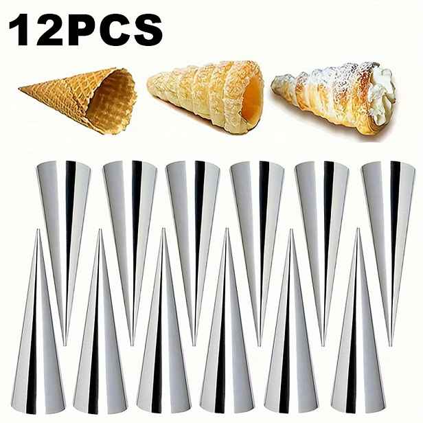 TEMU 8/12 ks Nerezové formy na zmrzlinové kornouty - Odolné 201 pečící kornouty na zmrzlinu, croissanty, pečivo, vafle a eclairs - Nepřilnavé