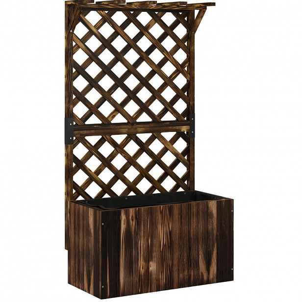Modfu VYVÝŠENÝ záhon ze dřeva 64x33x122 cm antracitový s mřížkou a závěsnou stříškou, odvodnění a opora pro popínavé rostliny
