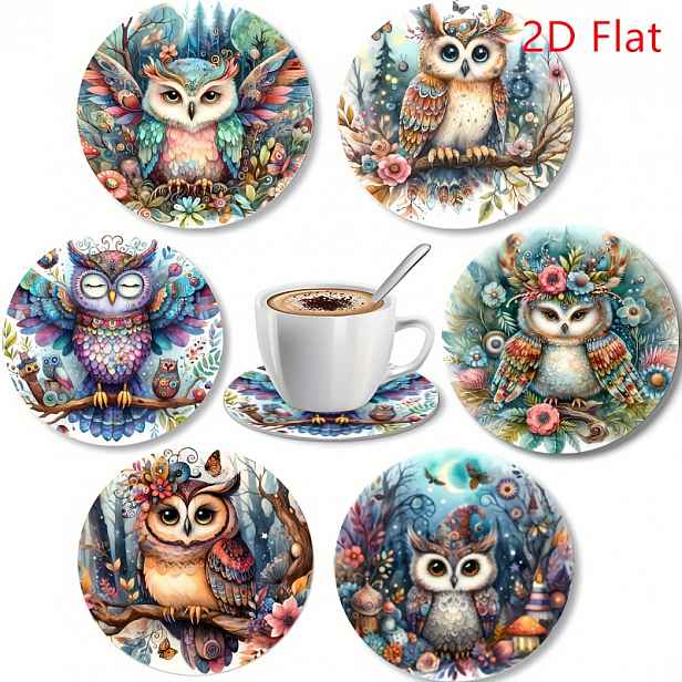 TEMU Umělecké dřevěné tácky, 2D plochý design, mystický styl malých sov, sada 6 ks. Jsou protiskluzové, žáruvzdorné, ručně pratelné, ideální pro