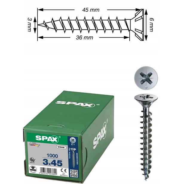 Univerzální šroub na dřevo spax 3 x 45 mm Wirox 1000 ks
