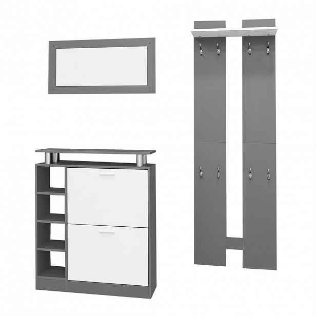 Modfu PŘEDSÍŇOVÁ stěna z dřevotřísky 80x25x96,5 cm šedá a bílá se zrcadlem, botníkem a 8 háčky