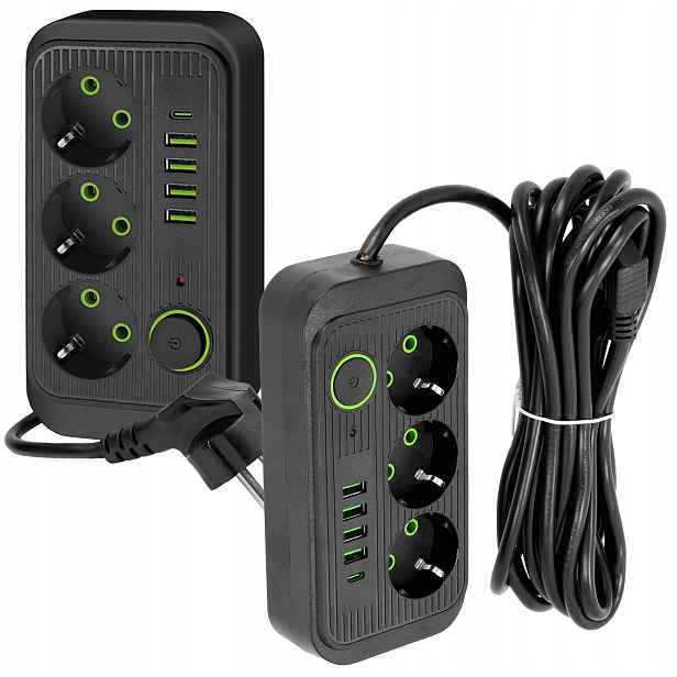 Prodlužovací Kabel Zásuvková Lišta Vypínač 5x Usb 3 Zásuvky 5m síťový černý