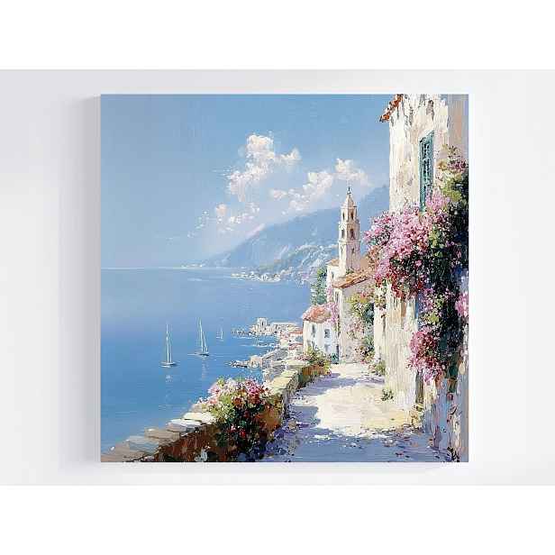 Obraz Na Plátně Canvas Pobřeží Moře Městečko Hory Květiny Loďky 50x50