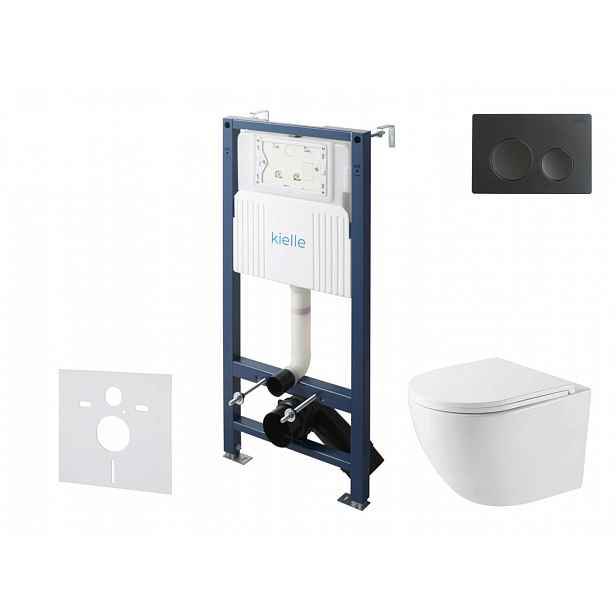 kielle Genesis New - Set předstěnové instalace, kompaktního klozetu Oudee, Vortex Rimless+, sedátka softclose a tlačítka Gemini New I, matná černá 305