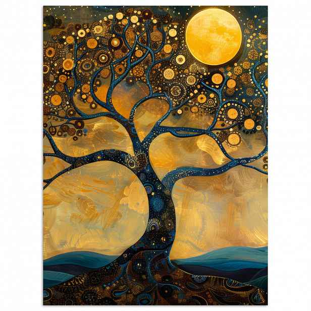 MuchoWow PLAKÁT Strom - Měsíc - Květiny - Zlato - Umění 60x80 cm