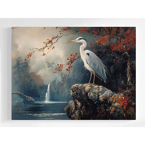 Plakát Pták Čapla Krajina Vodopád Podzim Asie 100x75