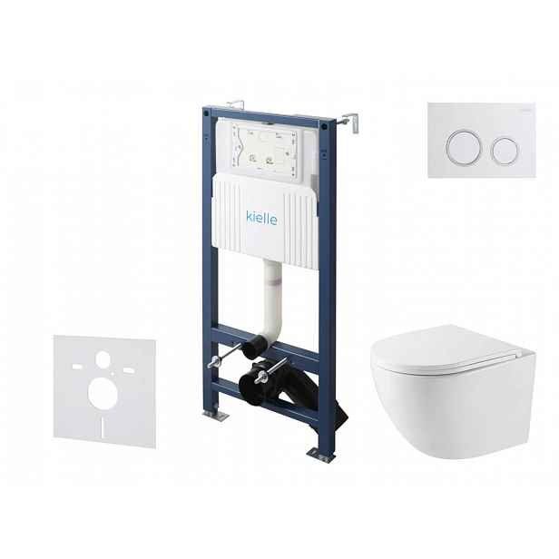 kielle Genesis New - Set předstěnové instalace, kompaktního klozetu Oudee, Vortex Rimless+, sedátka softclose a tlačítka Gemini New II, lesklá bílá/ch