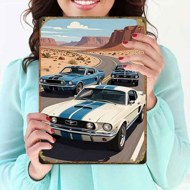TEMU 2D plochý, 2D plochý - 2D plochý 1 kus, Klasické Mustangy Pouštní cesta Umělecký kreativní štítek - 8x12 Kavárna Garáž Nástěnné umění Dárek k